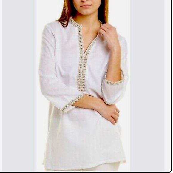 J McLAUGHLIN Whitney Linen Blend Tunic Top Medium Women Embroidered Trim Boho - Picture 1 of 9